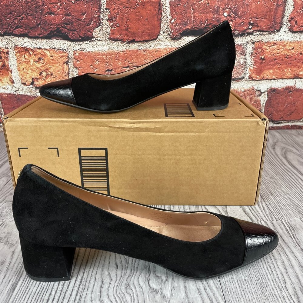 Cole Haan Women's The GO-to Pump 45MM, Black Suede/Black Croc, 8.5